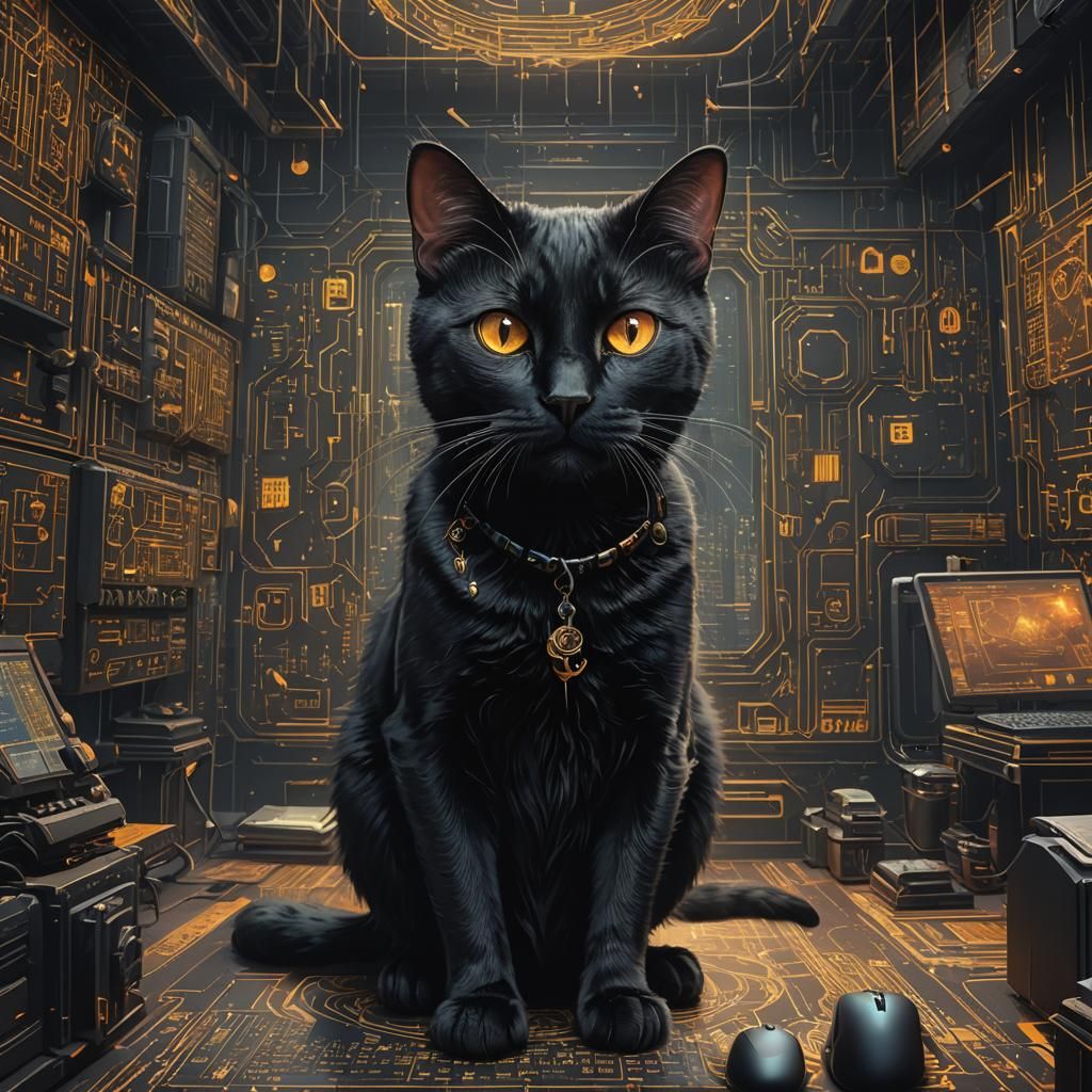 Black Cat Coding Inside Computer, Detailed Matte Painting