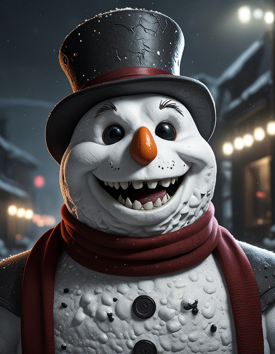 Realistic Snowman with Spooky Teeth in Cyberpunk Poster