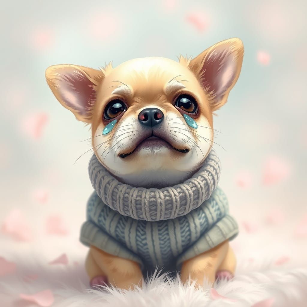 Crying Dog in Sweater, Surreal Illustration