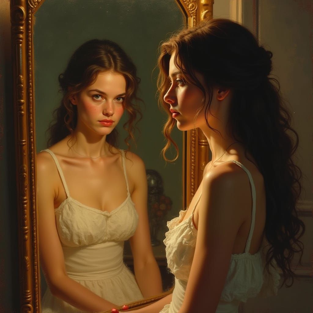 Woman Sees Older Reflection in Mirror, Expressing Sadness