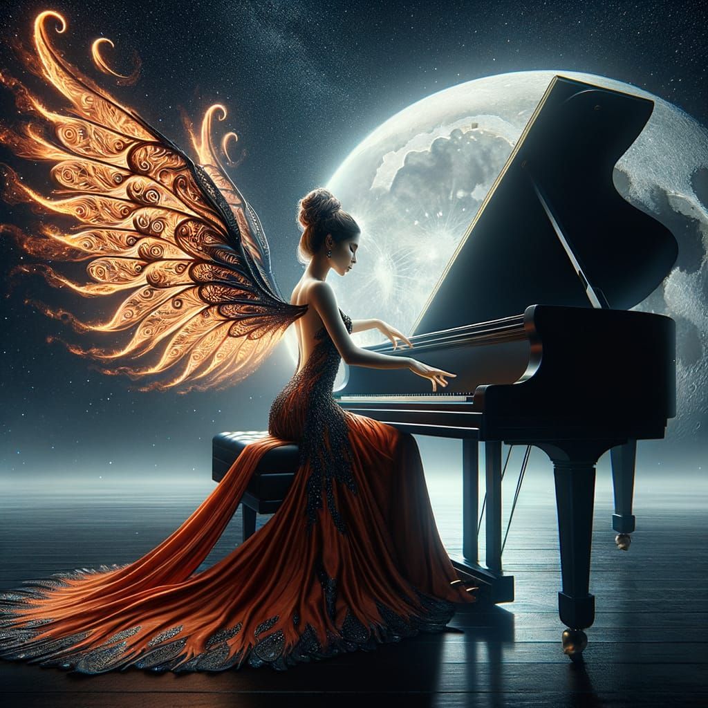Hispanic Woman with Fiery Wings Plays Piano on Moon