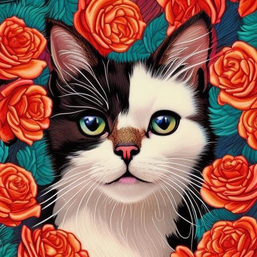 Furry Cat Face in Roses: Manga Gouache Style