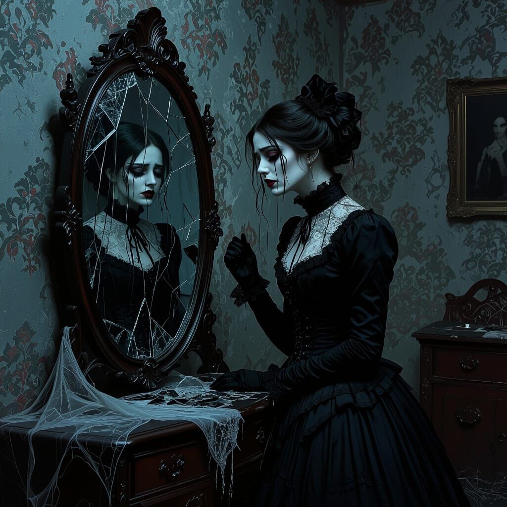 Sorrowful Woman in Shattered Mirror, in Dark Surrealism