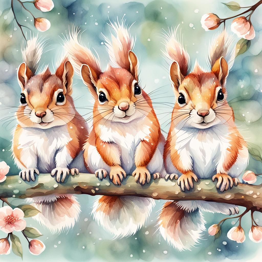 Delicate Watercolor of Fluffy Squirrels on Floral Branch