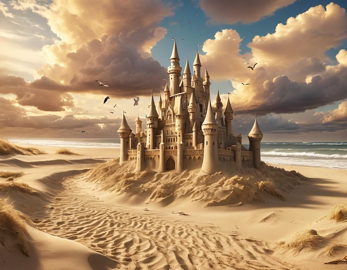 Sandcastle on a Beach in Colorful Digital Art