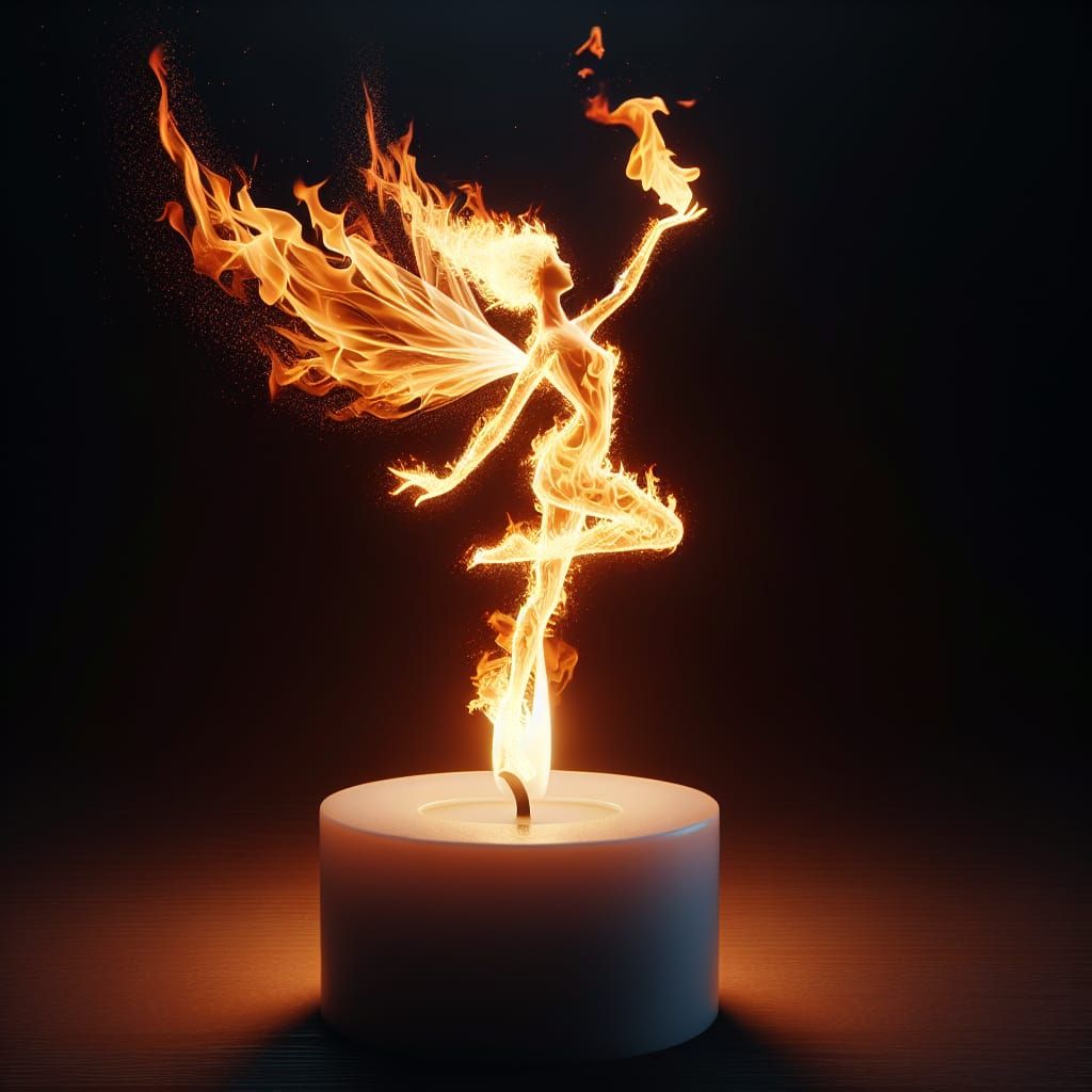 Fire Fairy Dancing in Candle Flame: Detailed CGI Image