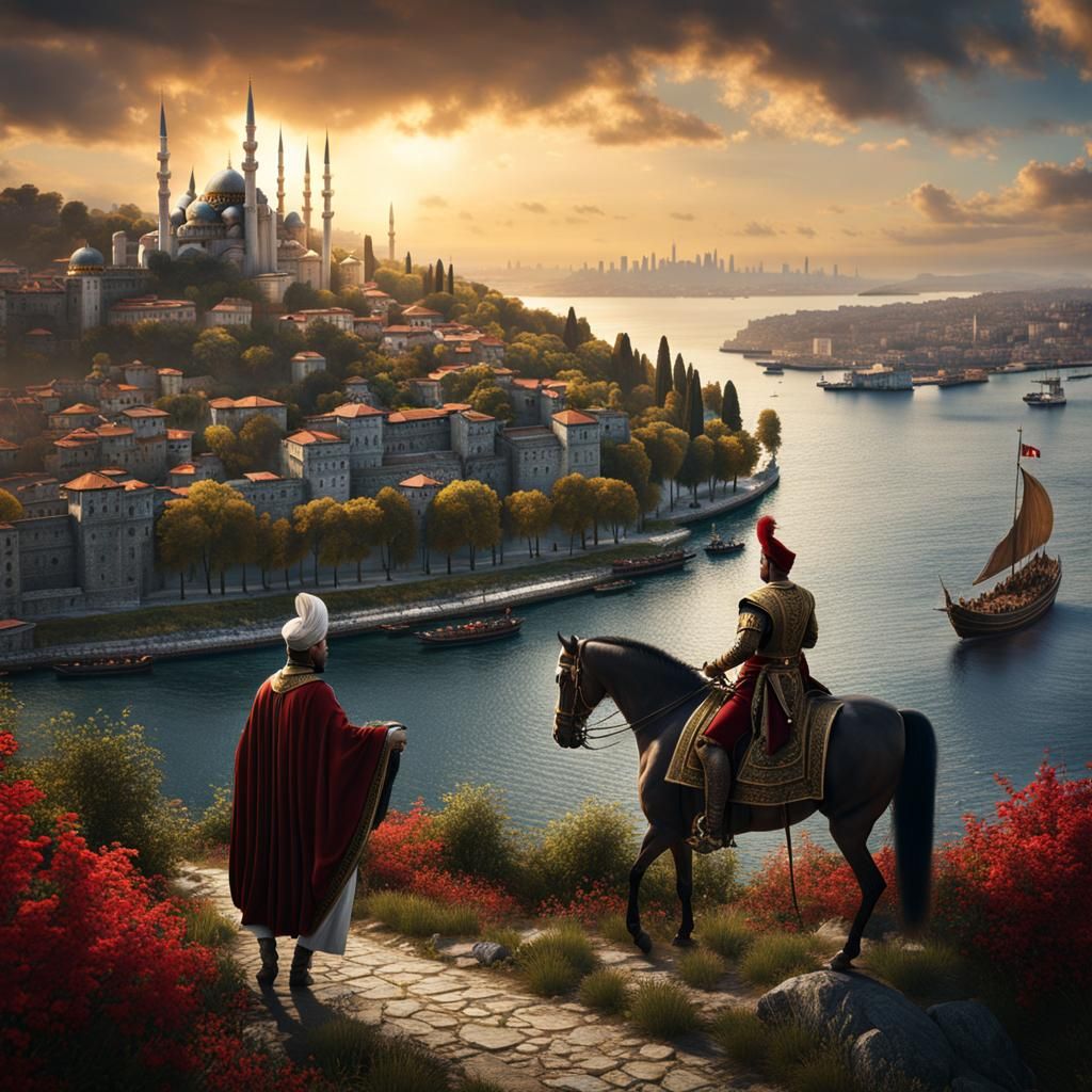 Ottoman Sultan on White Horse Crossing Bosphorus
