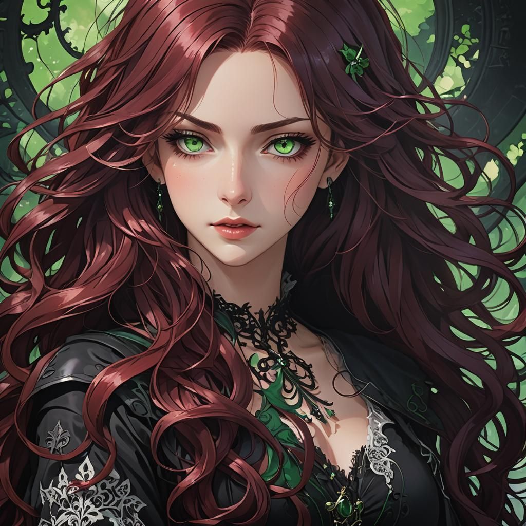 Gothic Anime Woman with Maroon Hair