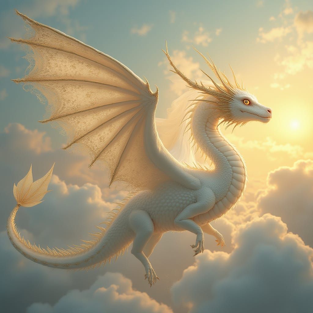 Majestic White Dragon Soars Through Twilight Sky in Classica...