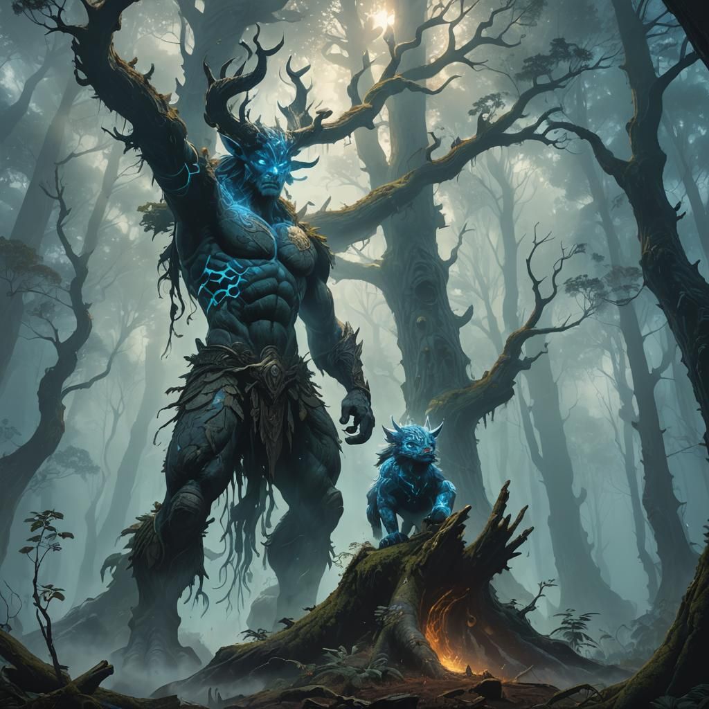 Mythical Creature in Misty Forest, Frazetta Style