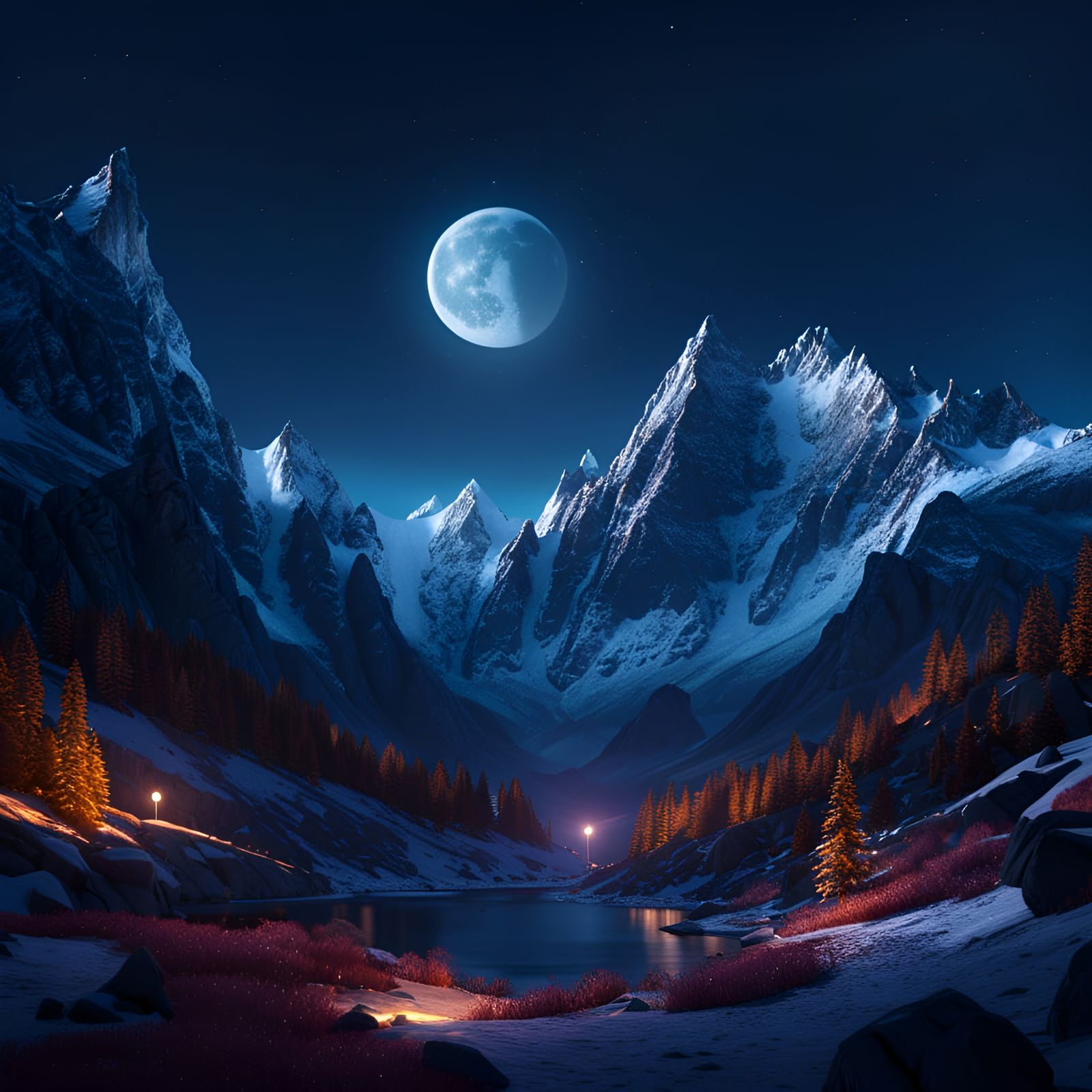 Moonlit Snowy Mountains in Detailed Matte Painting