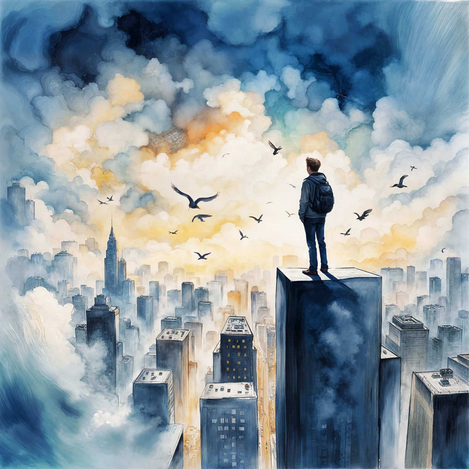 Vertigo: Impressionistic Skyscraper View in Watercolor