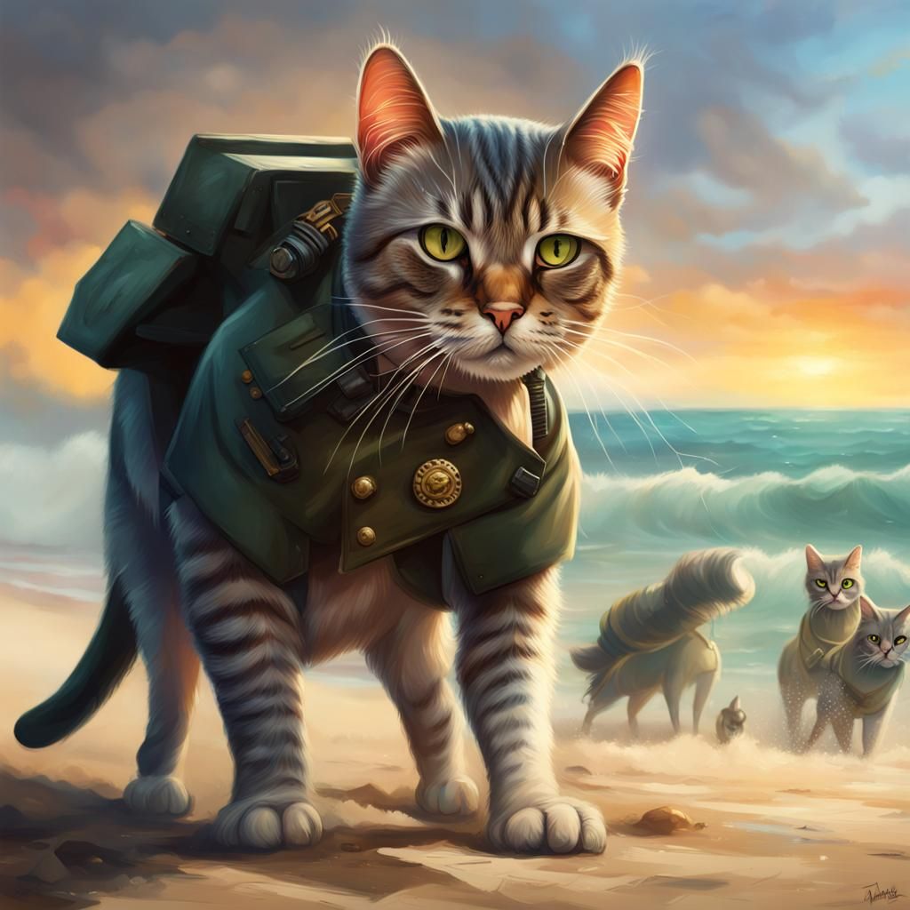 Cat General Leads Beach Battle: Hyperrealistic Concept Art