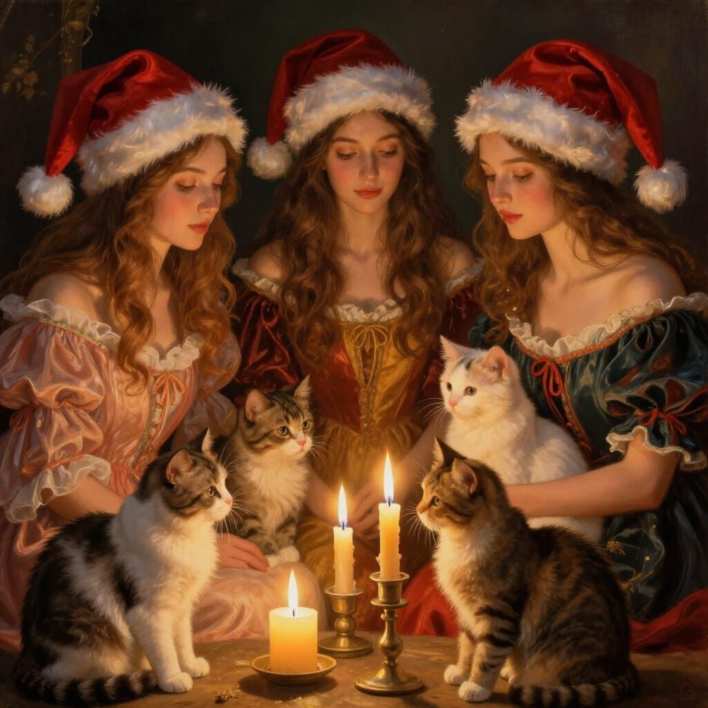 Beautiful Women in Santa Hats with Cats and Candles