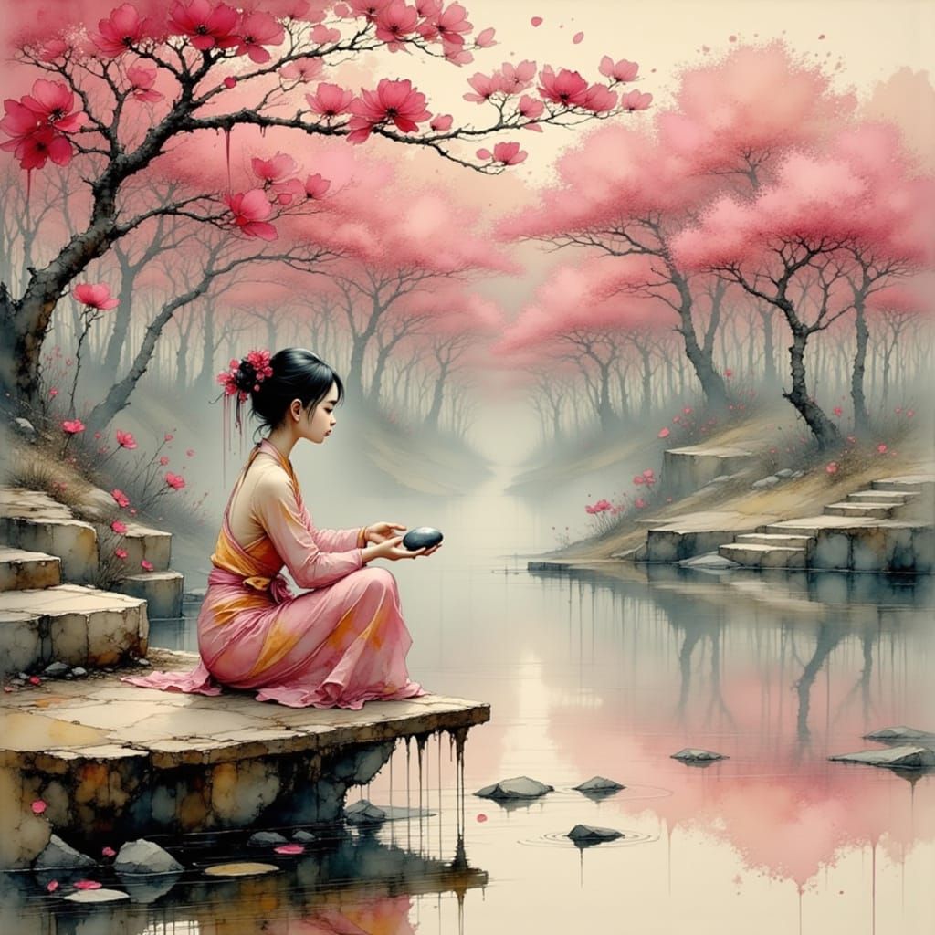 Chinese Girl Skips Stone Across Pond in Twilight