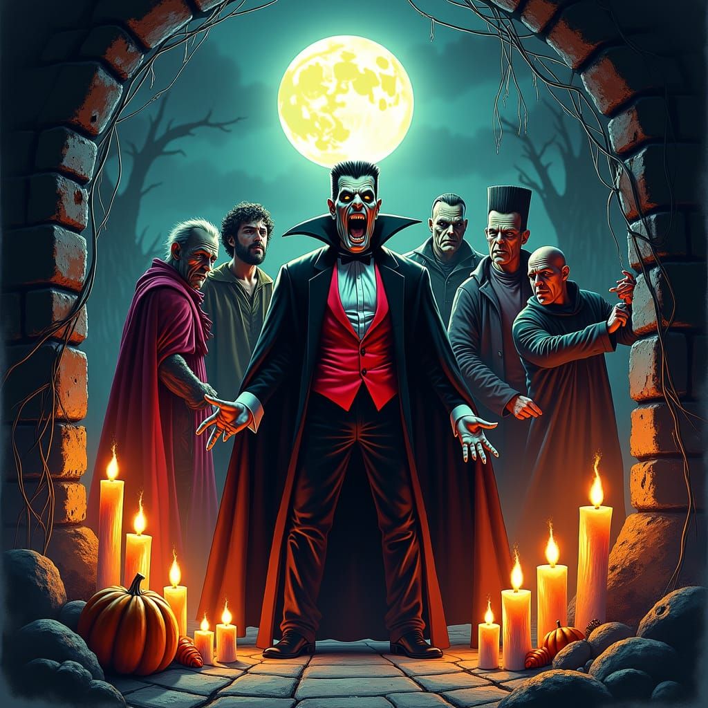 Classic Halloween Monsters in a Gothic Chamber