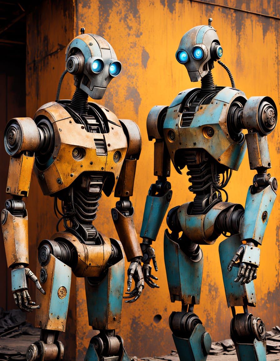 Rusty Robot Figures Stand Guard in a Worn, Industrial Landsc...