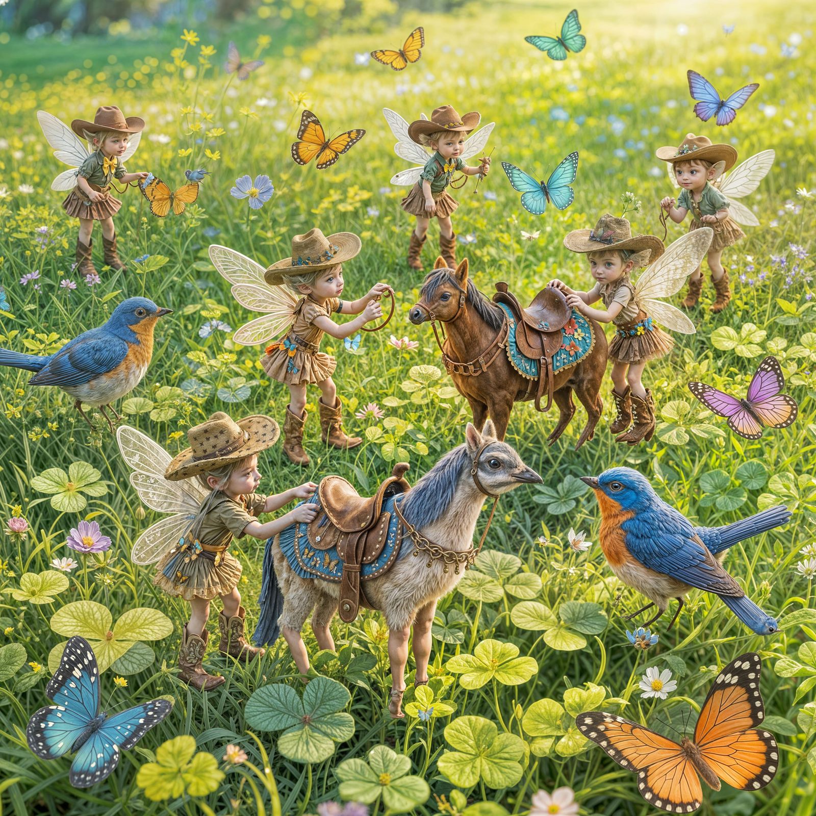 Fairy Cowboys Saddle Birds in Clover Field