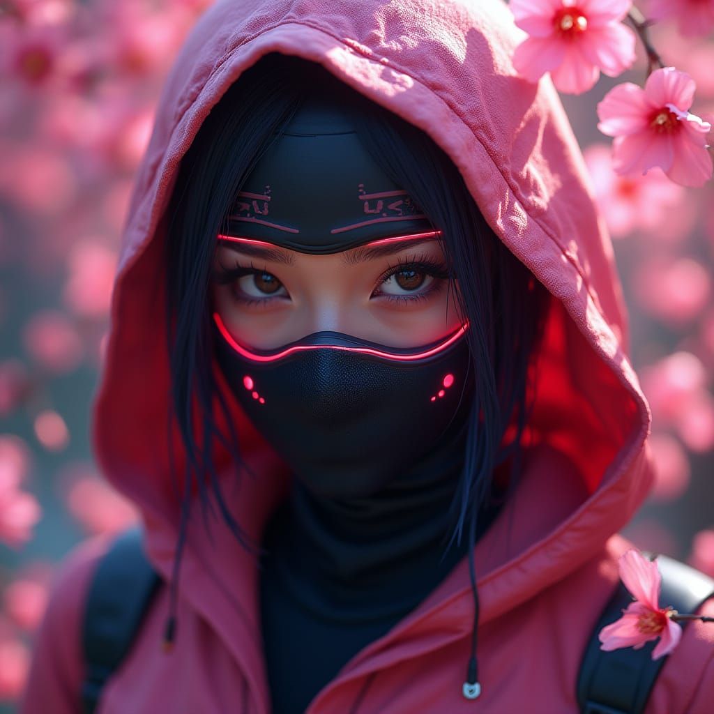 Cyberpunk Ninja in Cherry Blossom Swirl