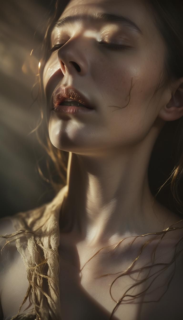 Eerie Close-Up Portrait with Organic Growths in Surrealism S...