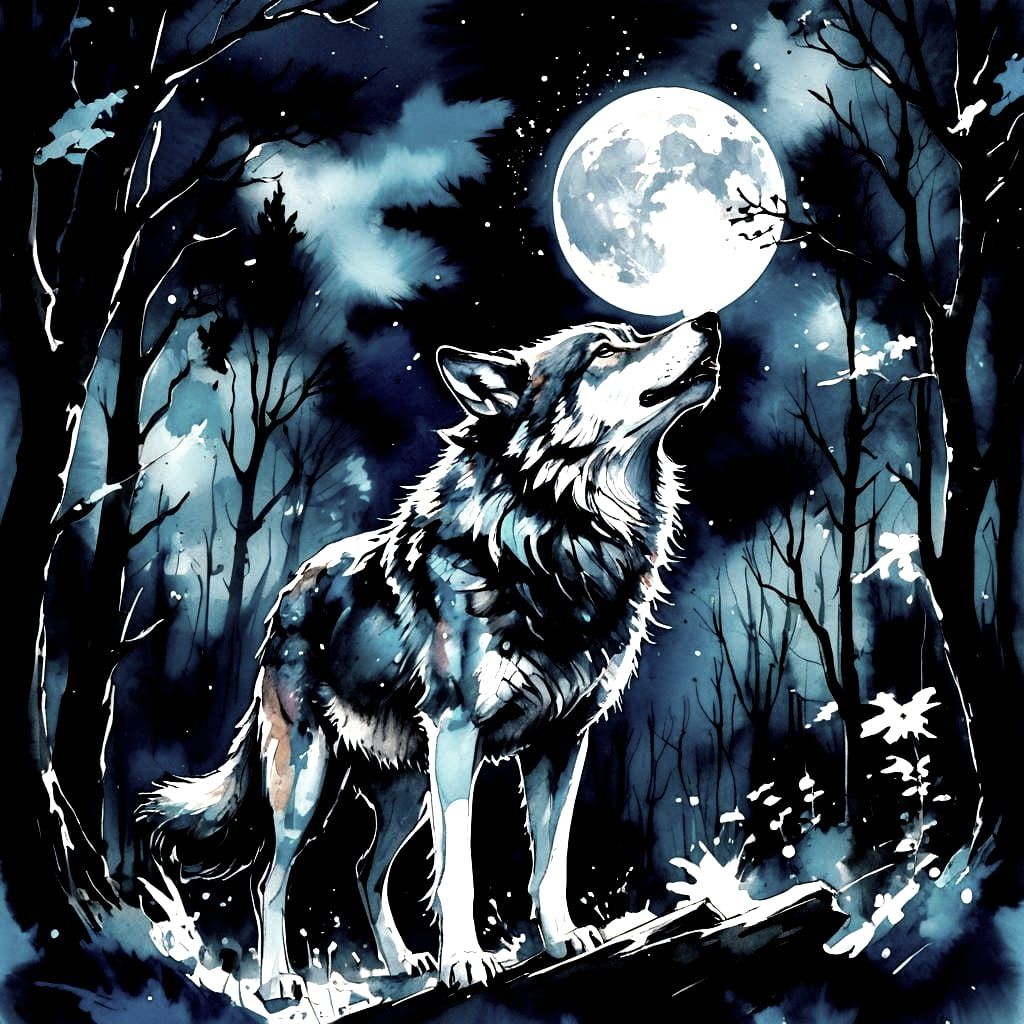 Wolf Howling at Moon in Ink Splatter Art