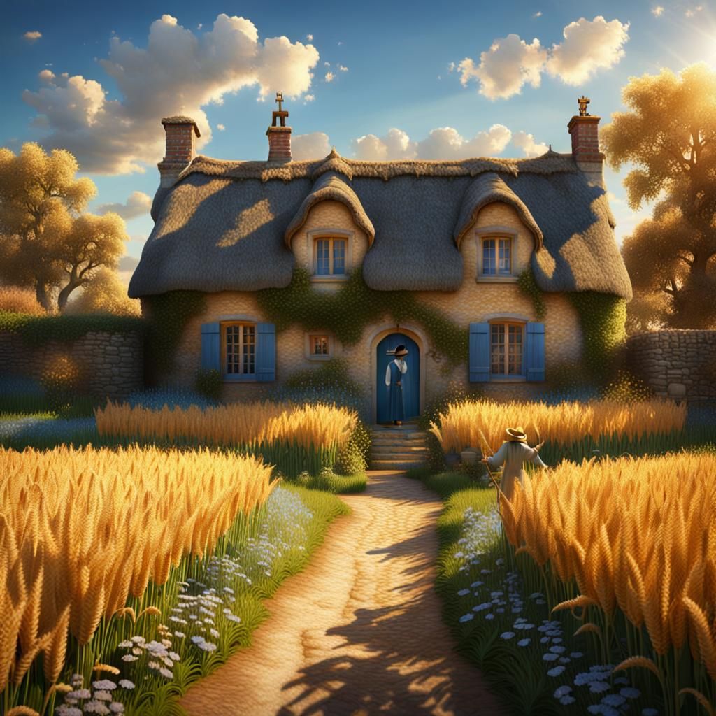 Golden Wheat Field with Cottage: Impressionist Style