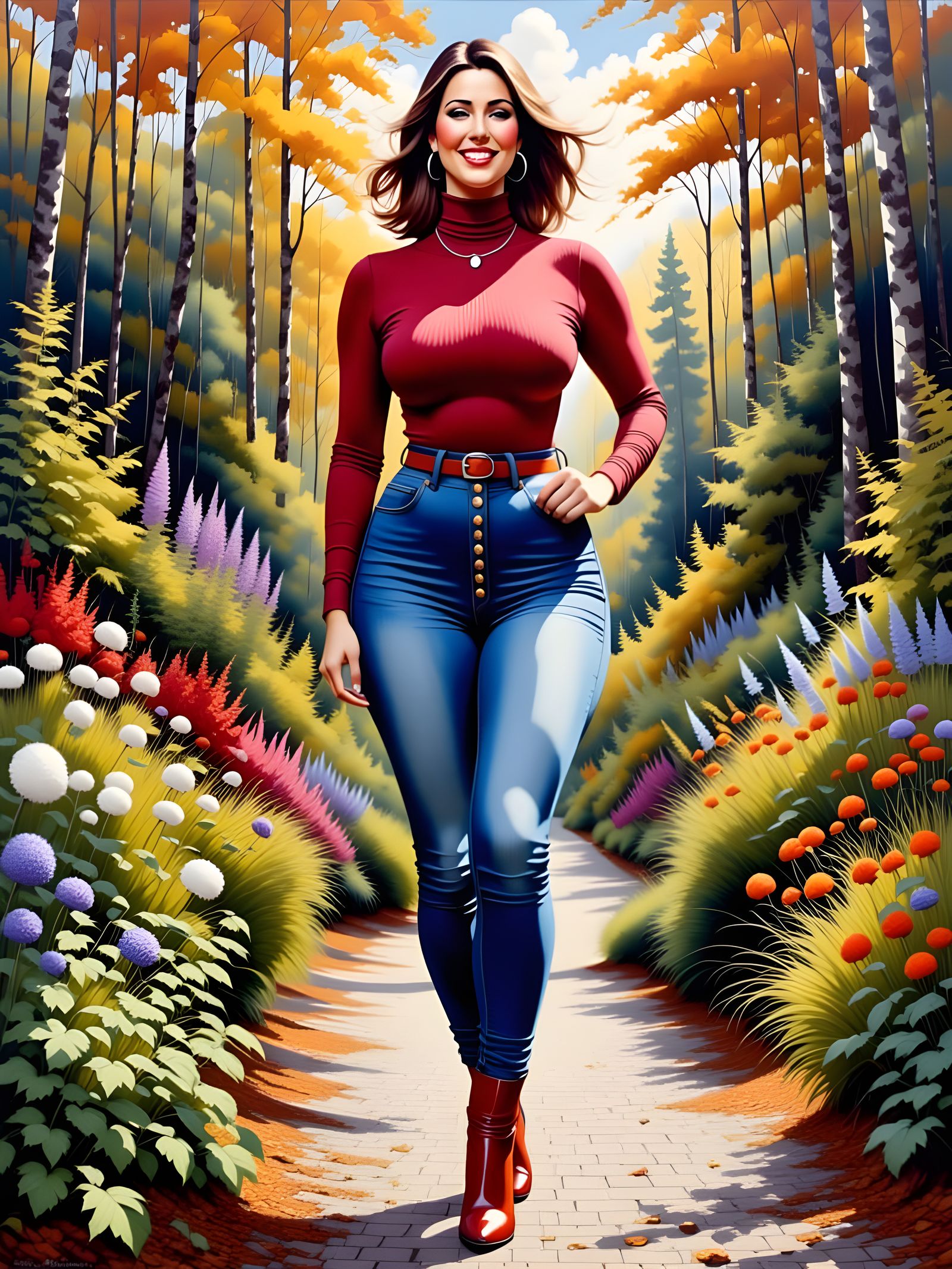 Enticing Woman in Garden, Detailed Oil Painting