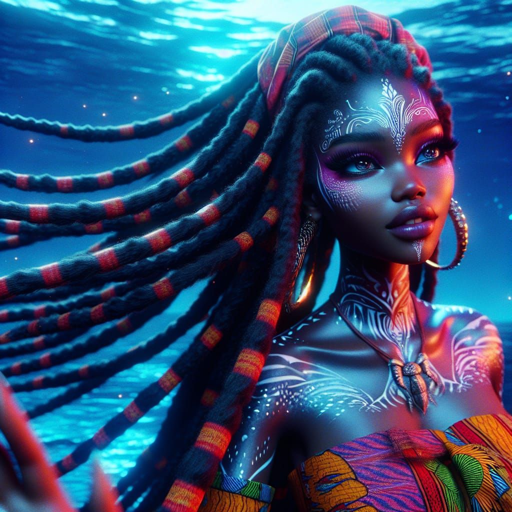 Angolan Mermaid Goddess Waving, Digital Art in Synthwave Sty...