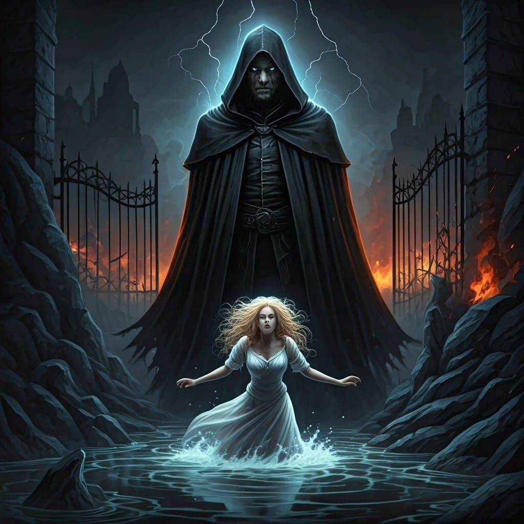 Dark Figure in Black Cloak Dominates the Landscape, a Steamp...