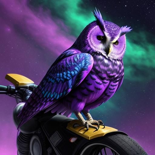 Purple Owl Rides Motorcycle in Candy Art Style