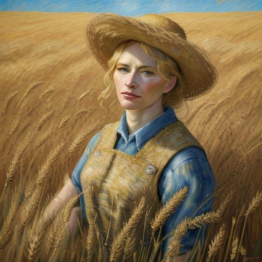 Impasto Oil Painting of Kneeling Figure in Golden Wheat Fiel...