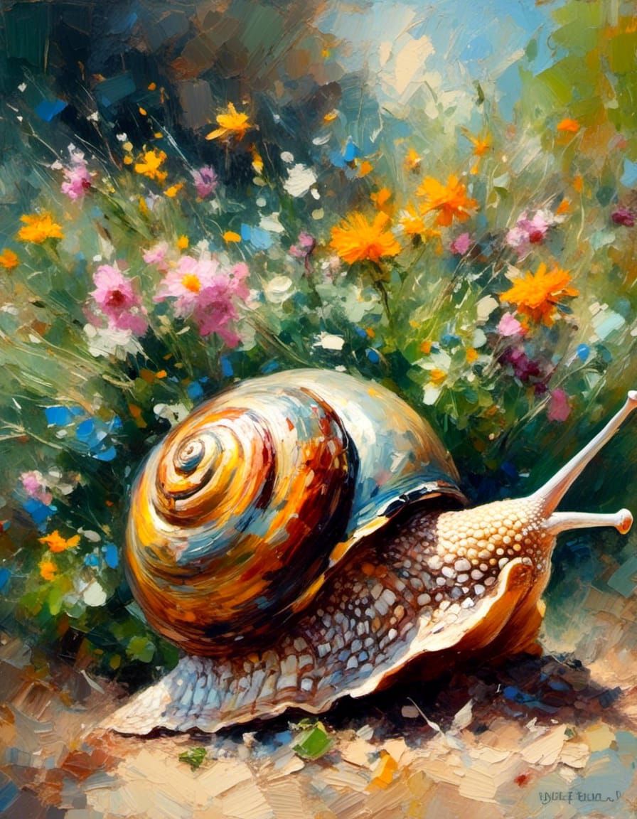 Regal Snail in Garden as Impressionistic Painting