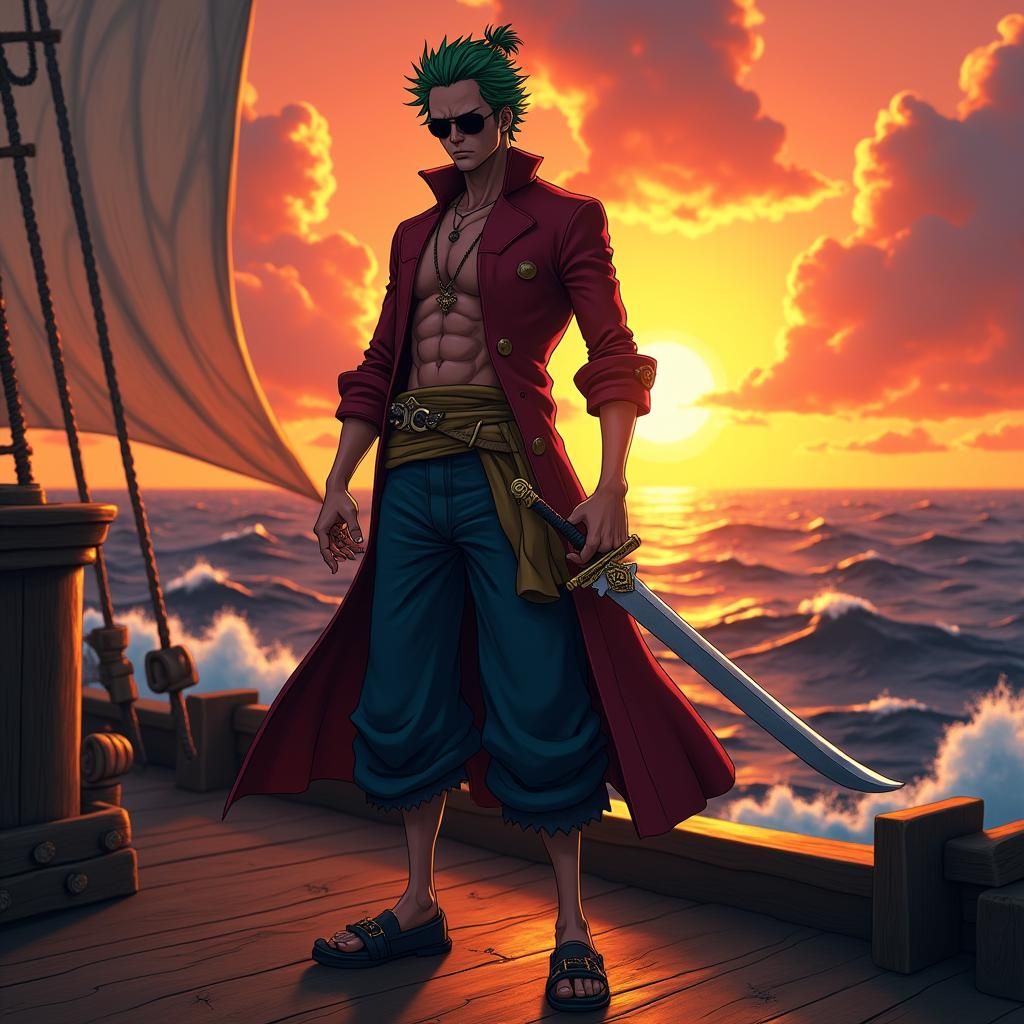 Zoro on Pirate Ship at Sunset, Digital Art