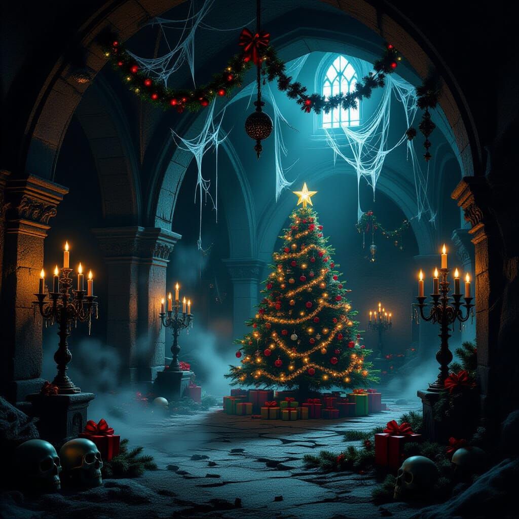 Christmas Decorations in a Dimly Lit Ancient Crypt