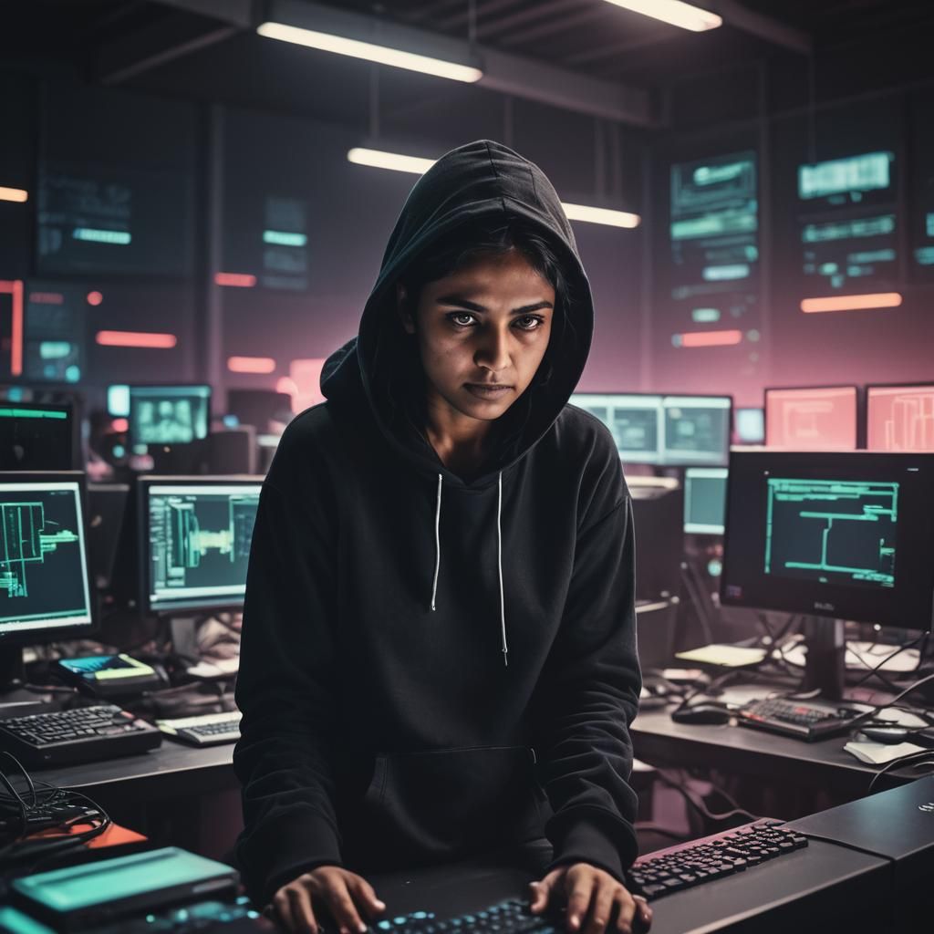 Indian Hacker in Cyberpunk Film Still