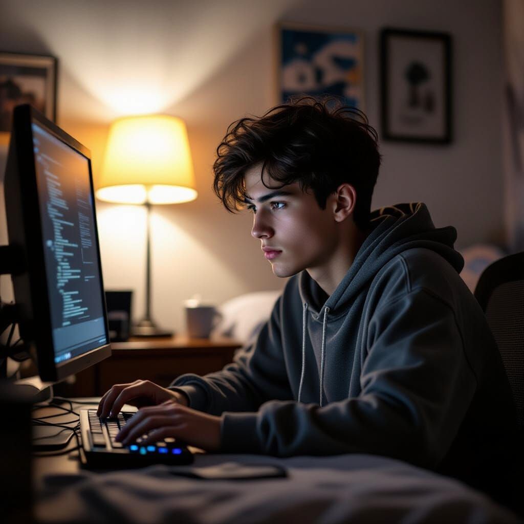 Focused Teenager Working on Computer in Dim Bedroom