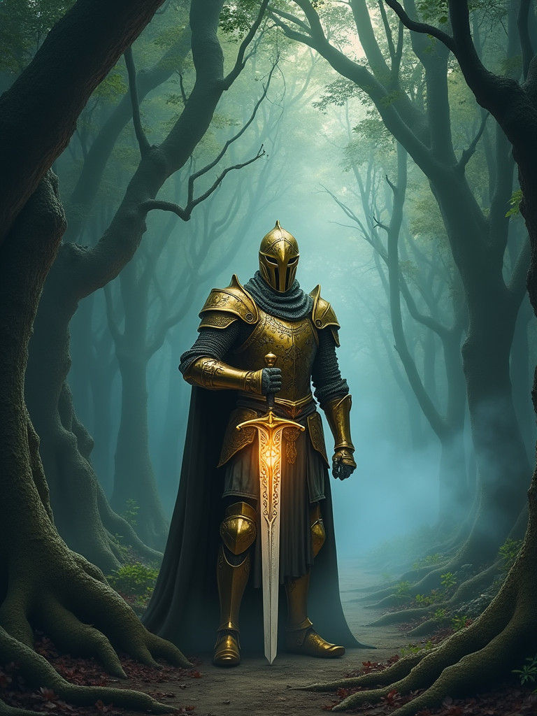 Knight in Mystical Forest, Matte Painting Aesthetic