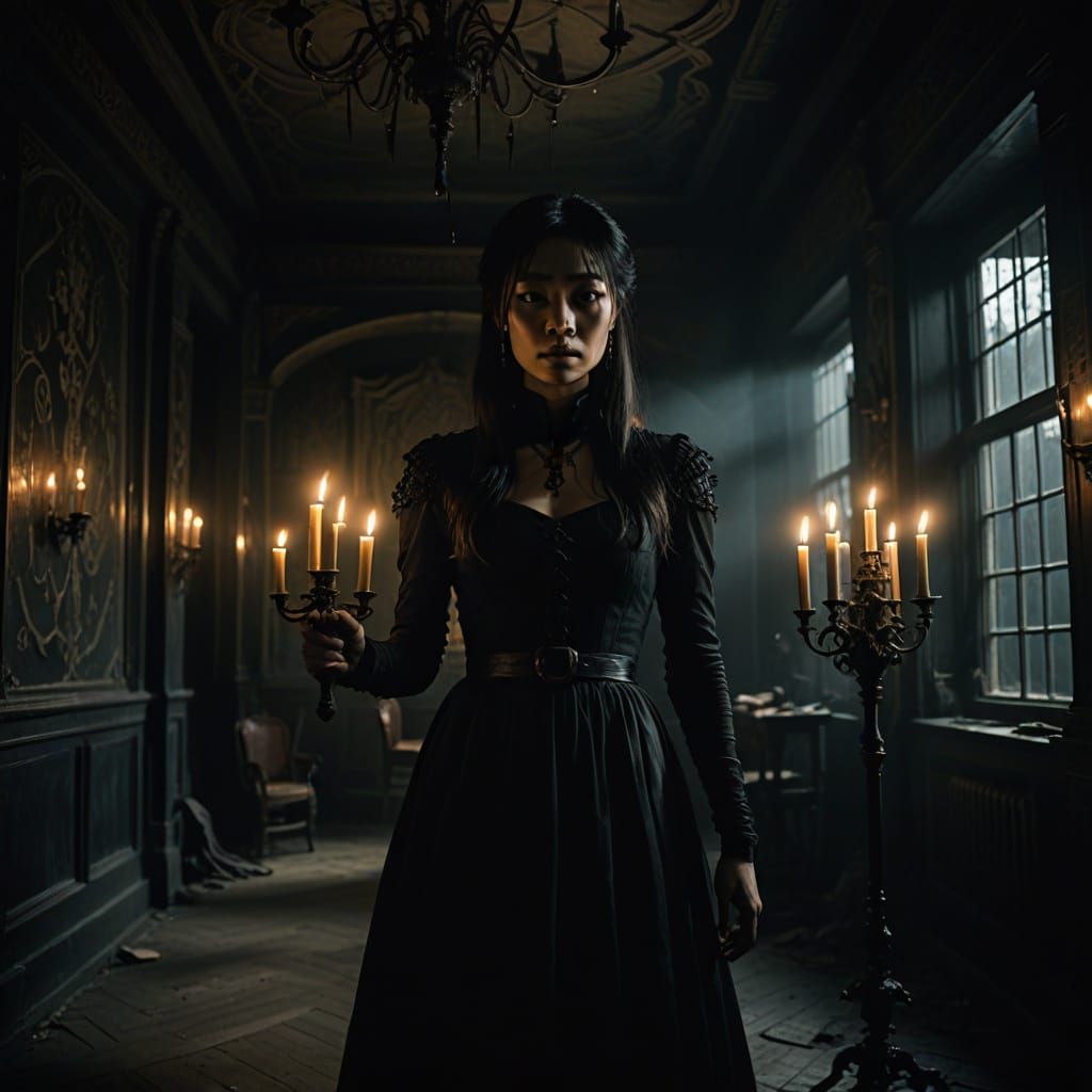 Gothic Asian Woman in Haunted Mansion, Cinematic Dark Academ...