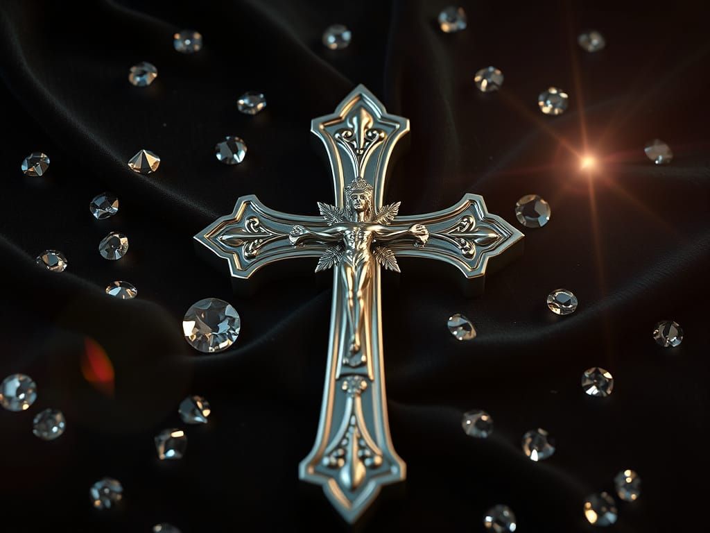Silver Apostolic Cross with Diamonds on Velvet Backdrop