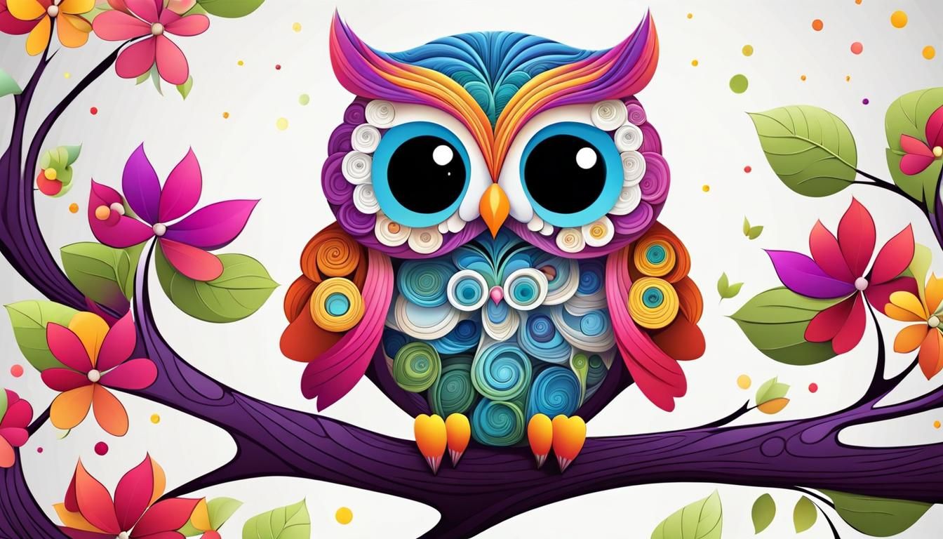 Adorable charming baby owl on a bloomig tree branch, line art,  abstract vector fractal, wave function, Zentangle, 3d sh...