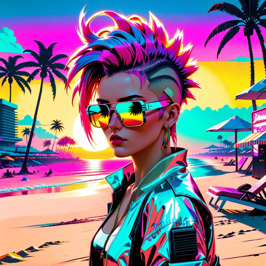 Vaporwave Arcade on Beach at Sunset