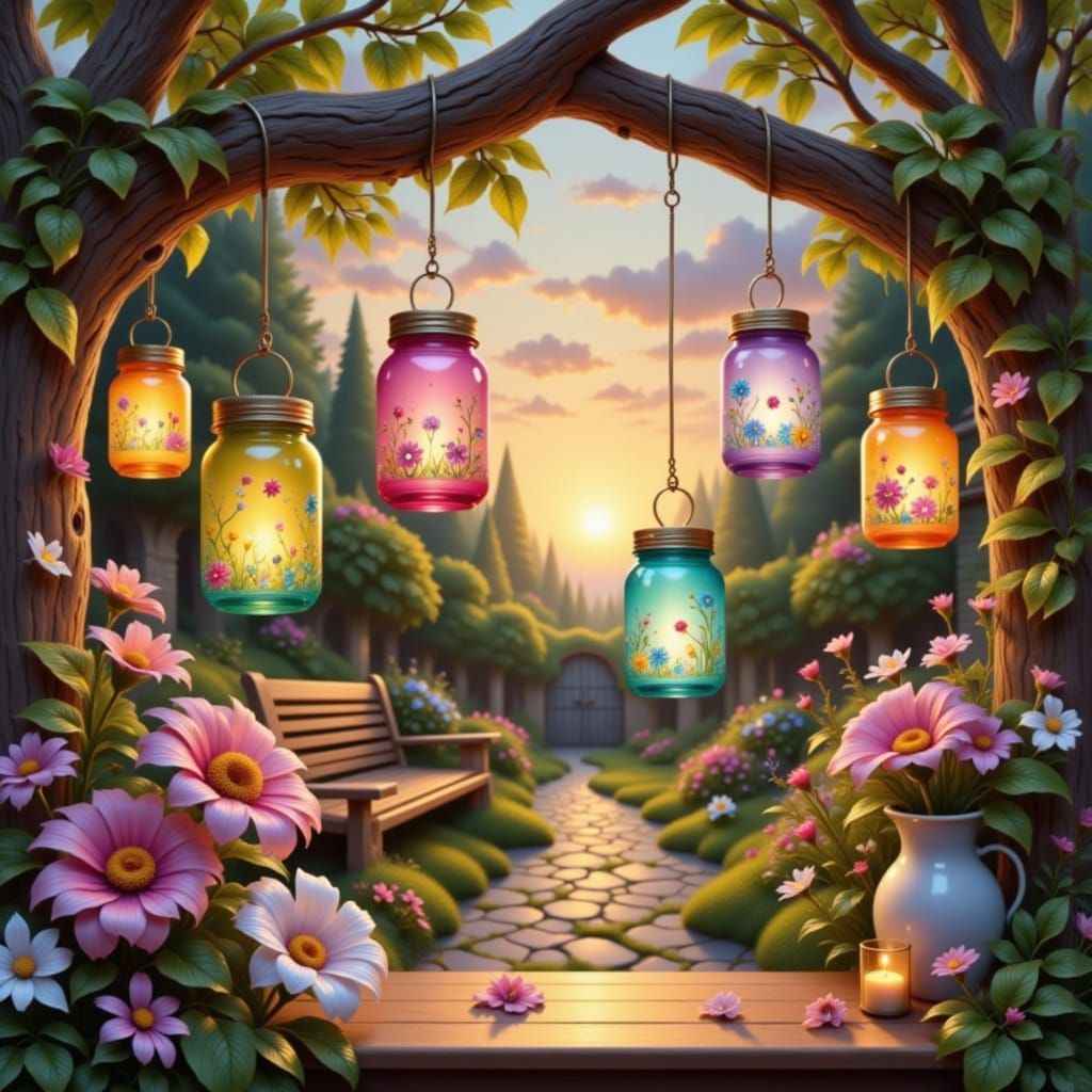 Glowing Mason Jar Lanterns in Vertical Garden at Golden Hour