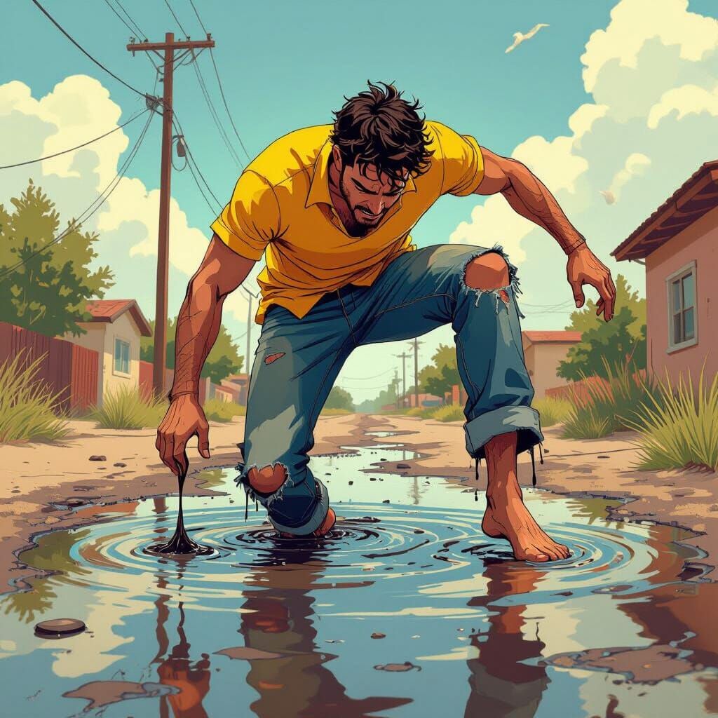 Man Stuck in Tar Puddle, Cartoon Style
