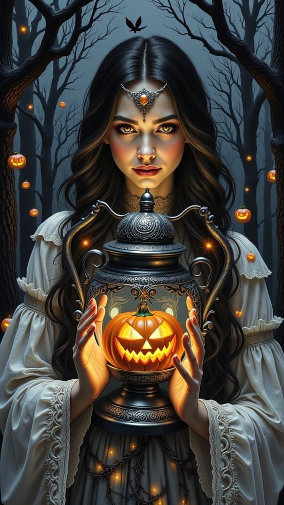 Goddess of Halloween Holding Magical Jack-o'-Lantern