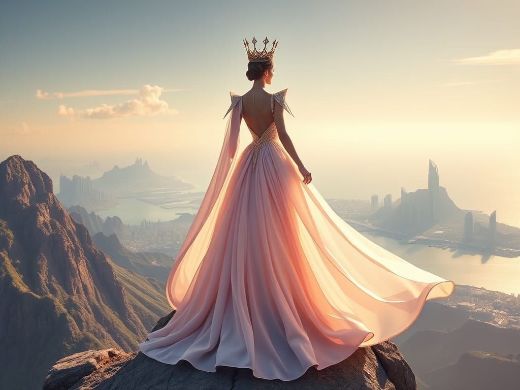 Futuristic Queen Reigns Over Serene Island Paradise