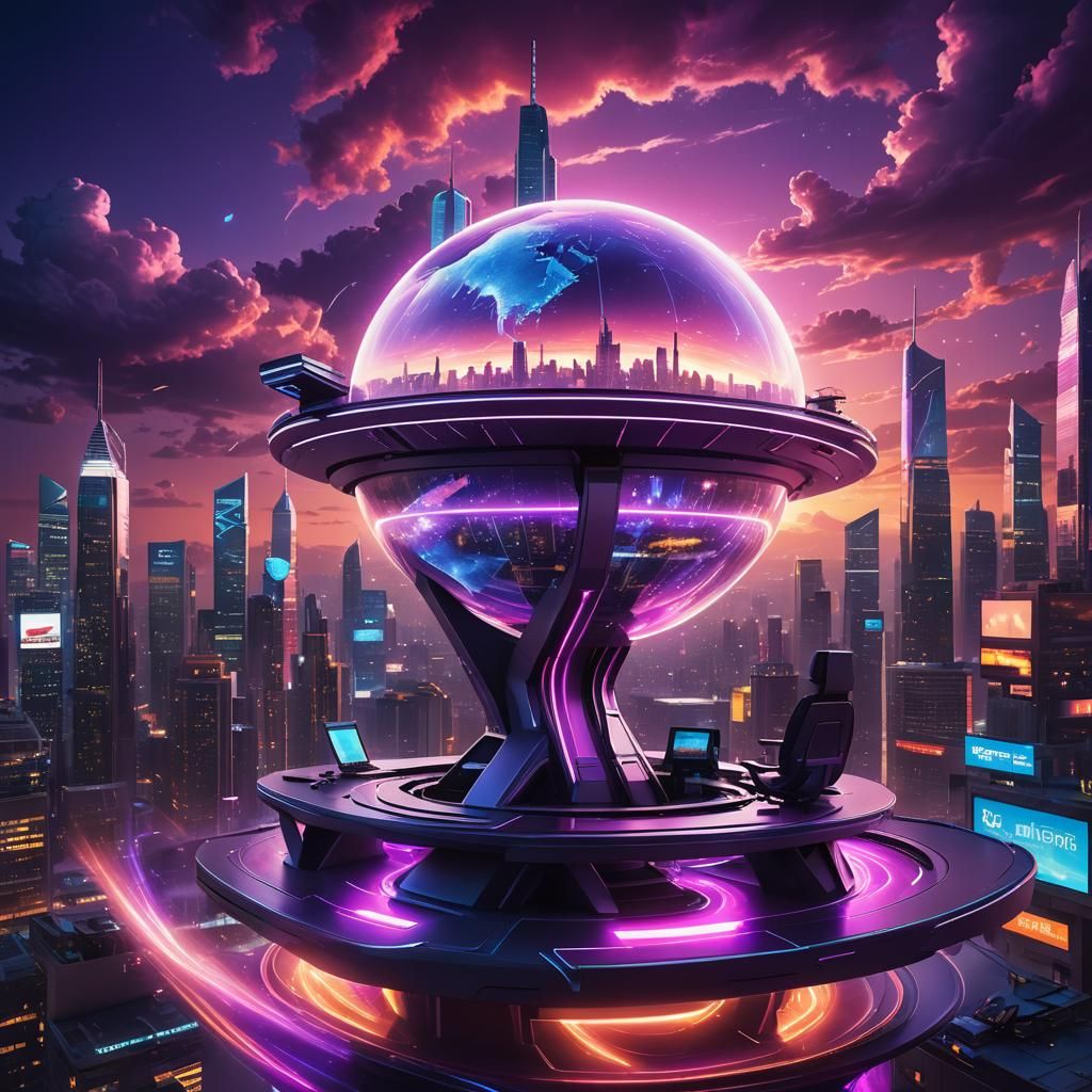 Futuristic News Desk with Spaceship in Cosmic Style