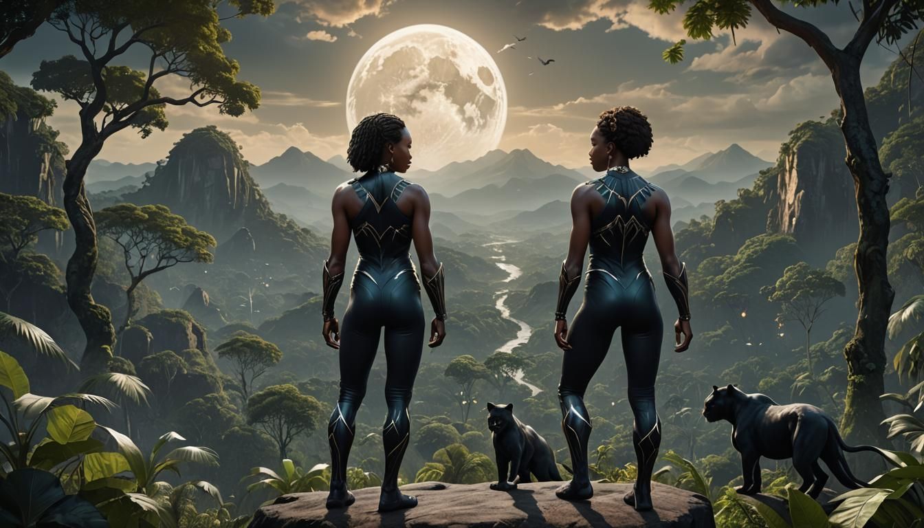 Black Woman and Panther Under Moonlight