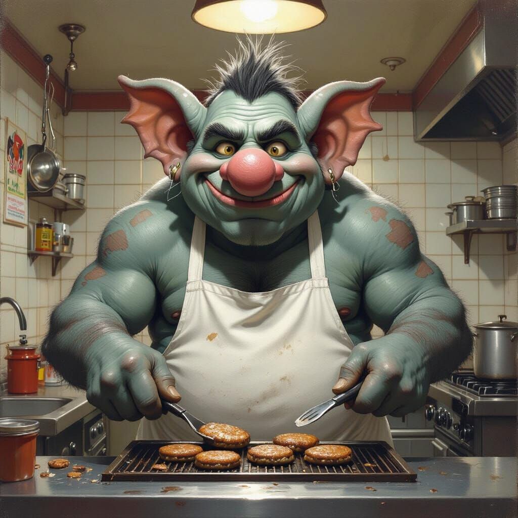 Humongous Troll Chef Flipping Burgers in Desert Diner