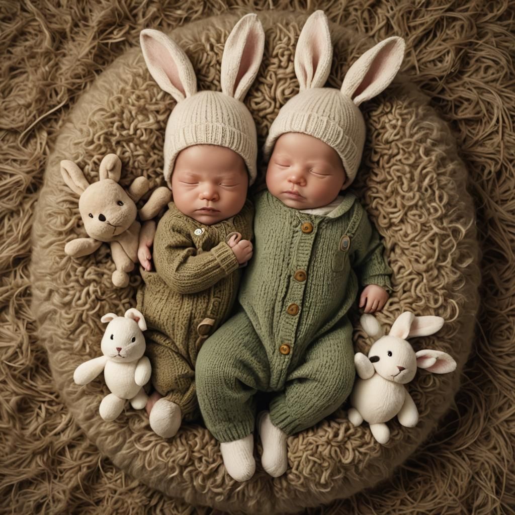 Newborn Twins in Rabbit Costumes: Fantasy Concept Art