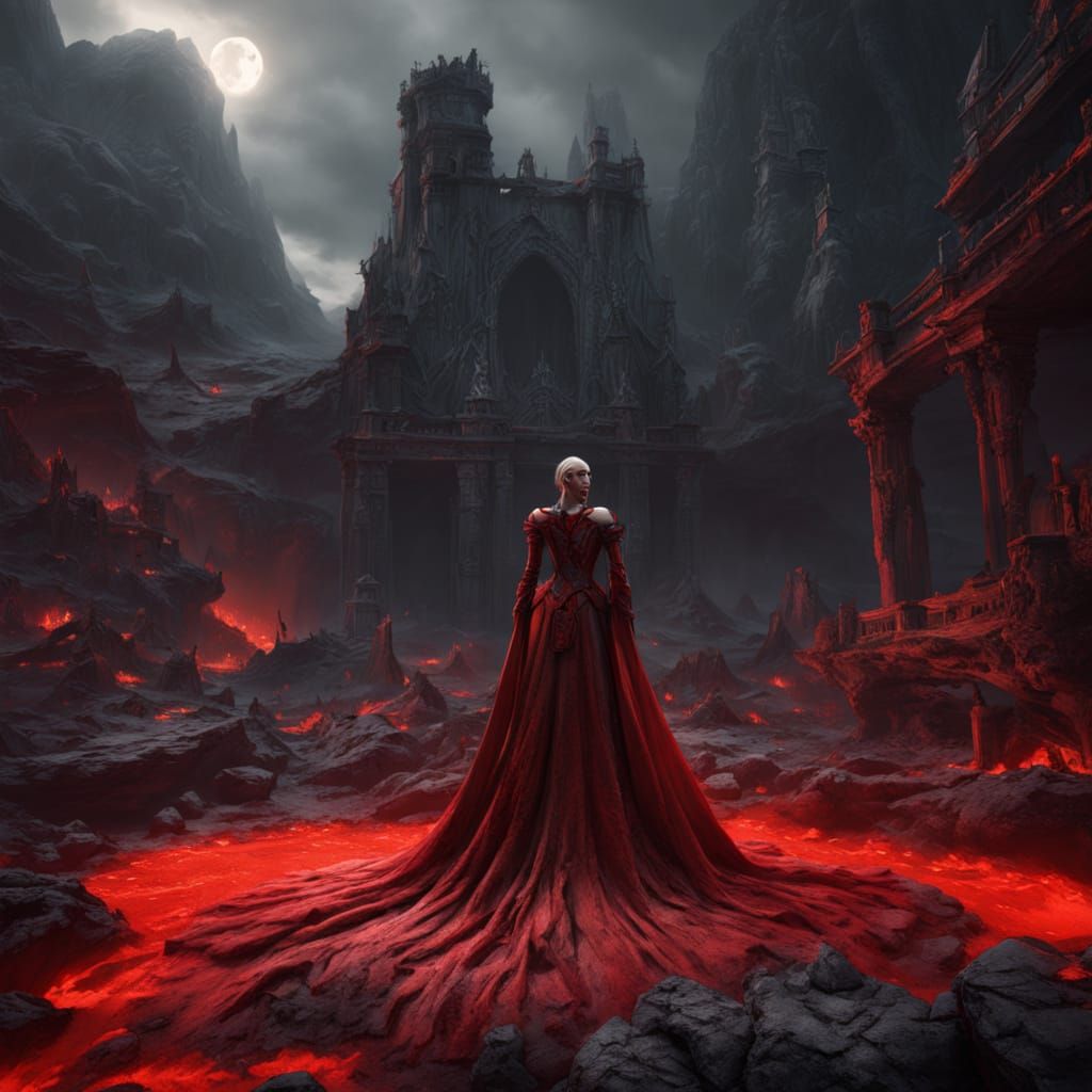 Vampire Queen on Lava Throne in Fantasy Art Style